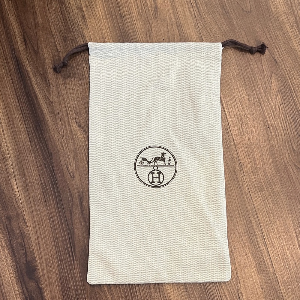 HERMÈS Large 14" x 7.5" Herringbone Beige Cotton Logo Drawstring Dust Bag